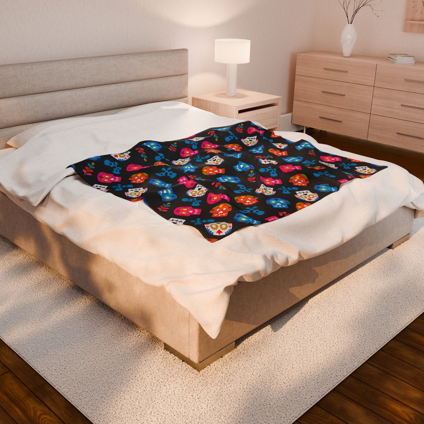 Sugar Skull Velveteen Plush Blanket — Colorful Day of the Dead Throw