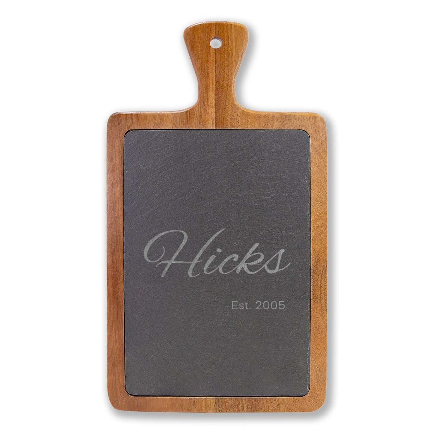 Engraved Acacia Charcuterie Board with Slate Inset — Personalized Name & Est. Date