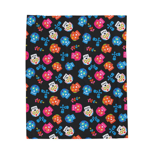 Sugar Skull Velveteen Plush Blanket — Colorful Day of the Dead Throw