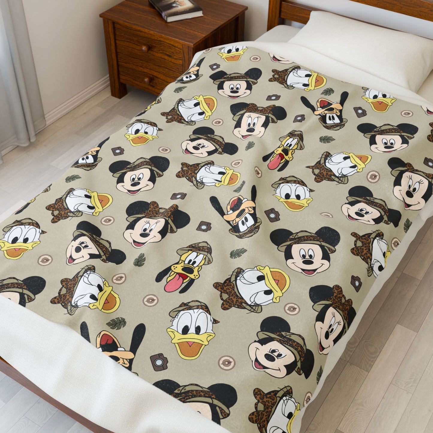Disney Character Faces Velveteen Plush Blanket — Mickey, Donald & Goofy Pattern