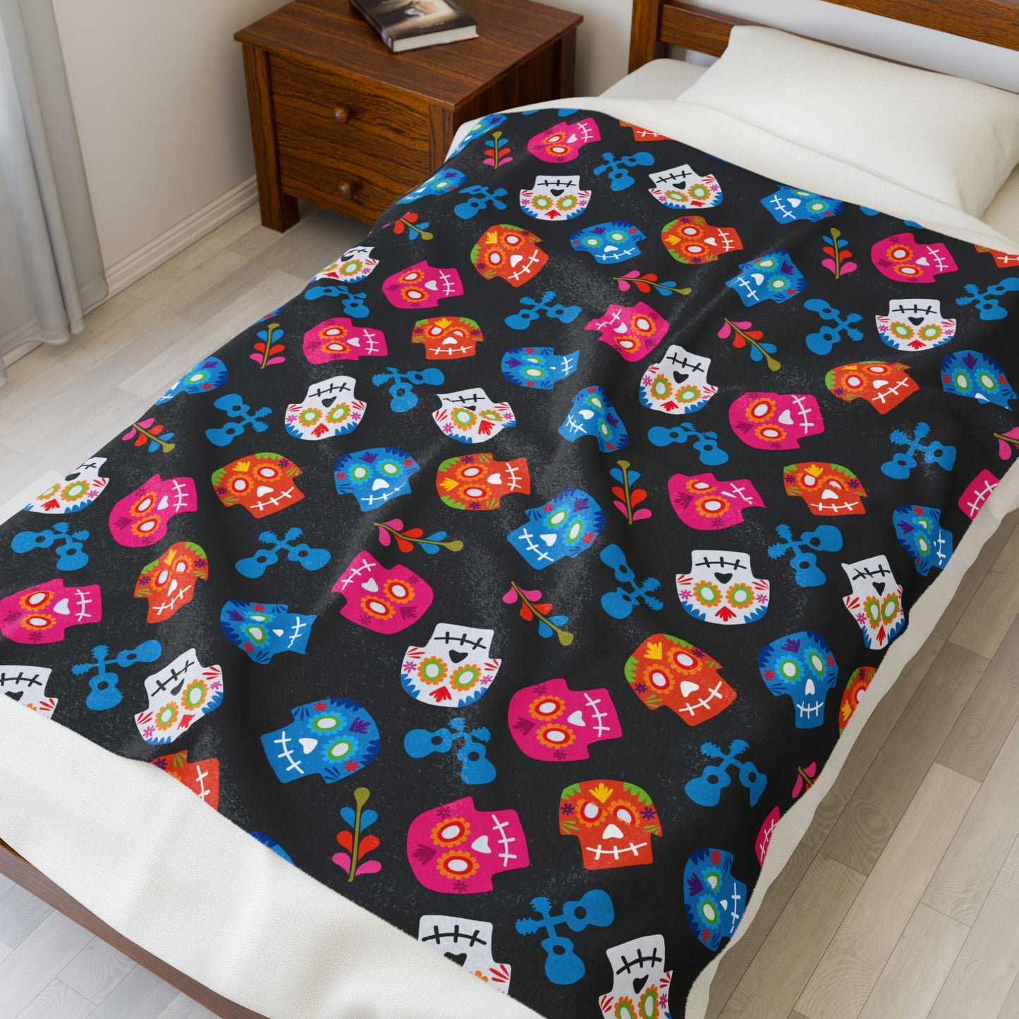 Sugar Skull Velveteen Plush Blanket — Colorful Day of the Dead Throw