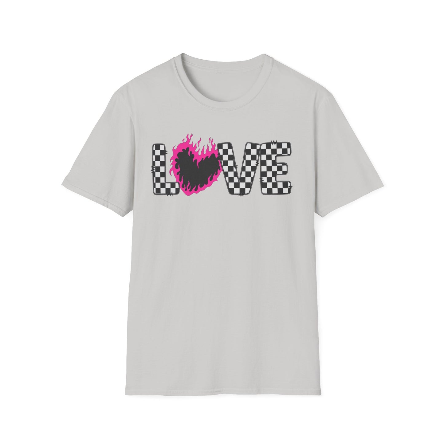 Love Checkerboard T-Shirt — Pink Flame Heart Graphic Tee