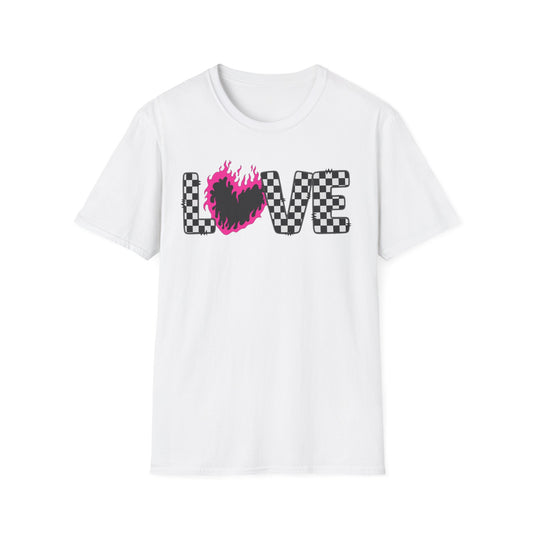 Love Checkerboard T-Shirt — Pink Flame Heart Graphic Tee