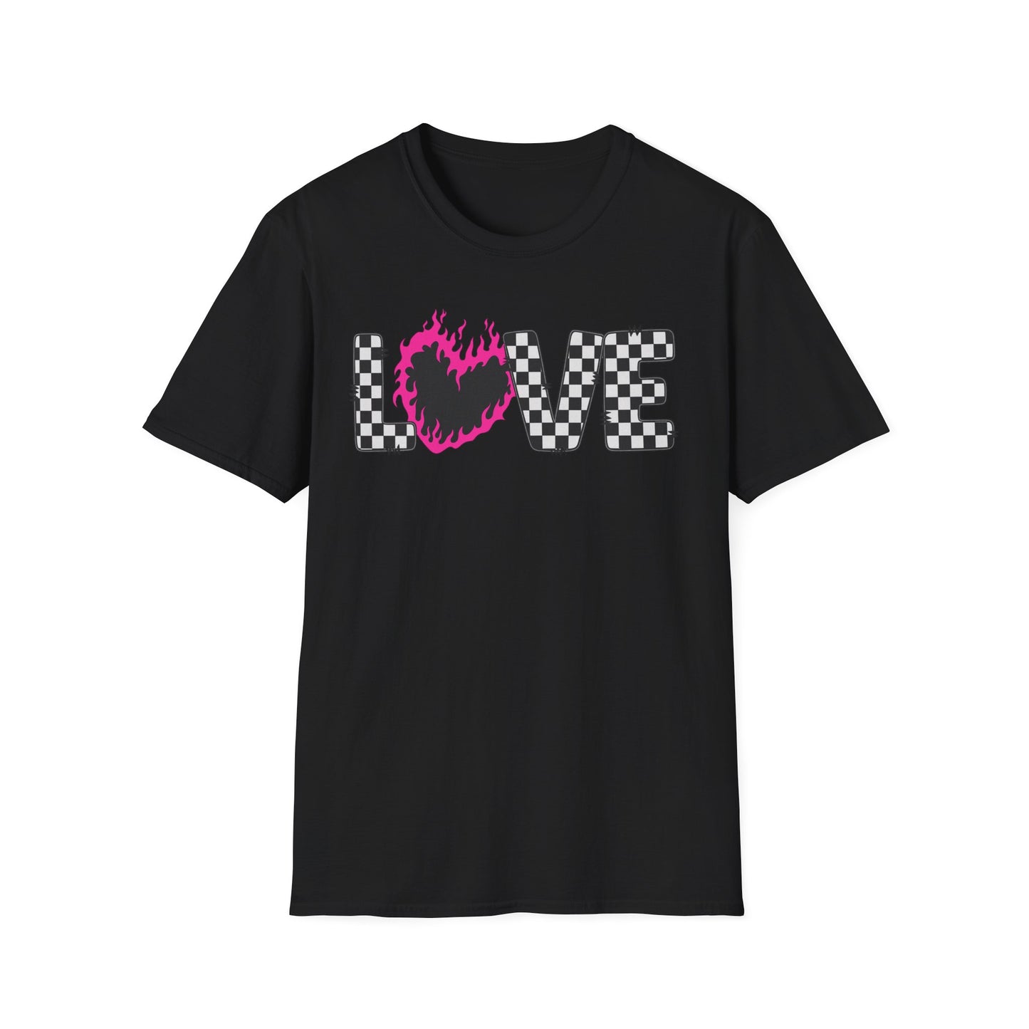 Love Checkerboard T-Shirt — Pink Flame Heart Graphic Tee