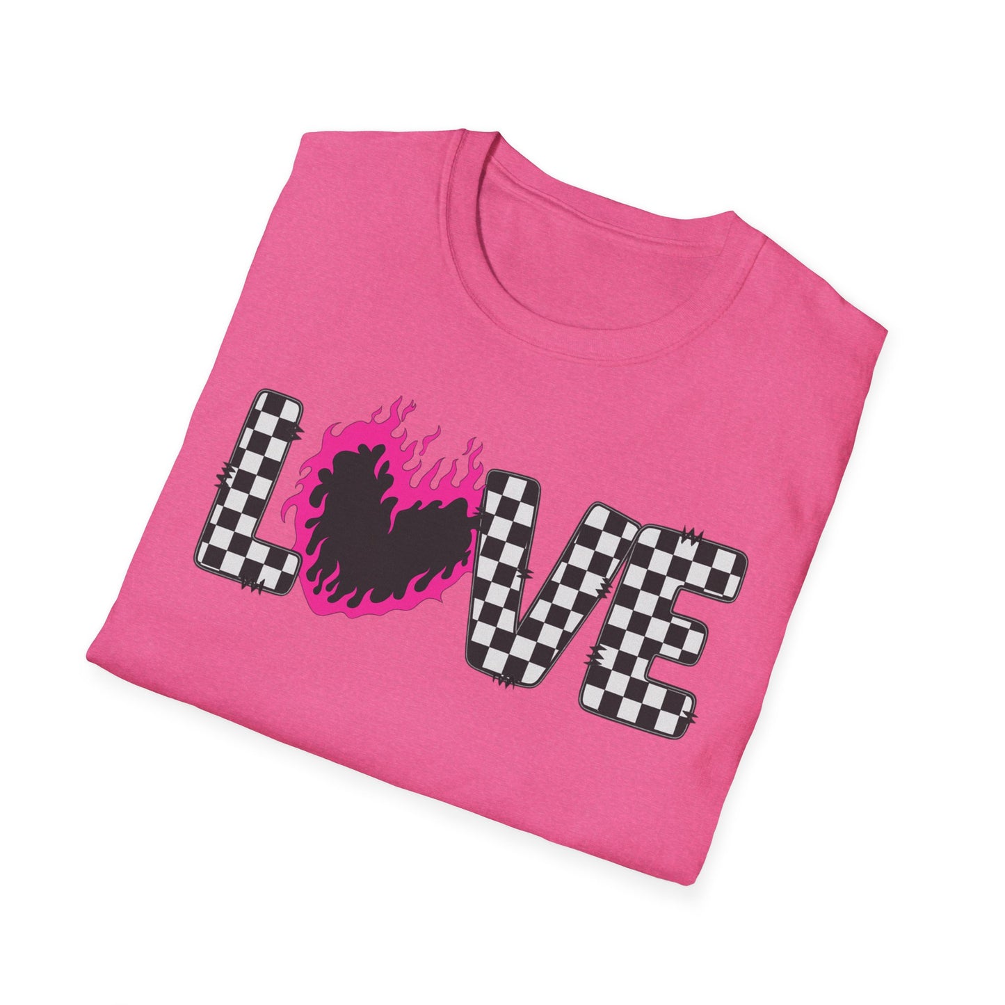 Love Checkerboard T-Shirt — Pink Flame Heart Graphic Tee
