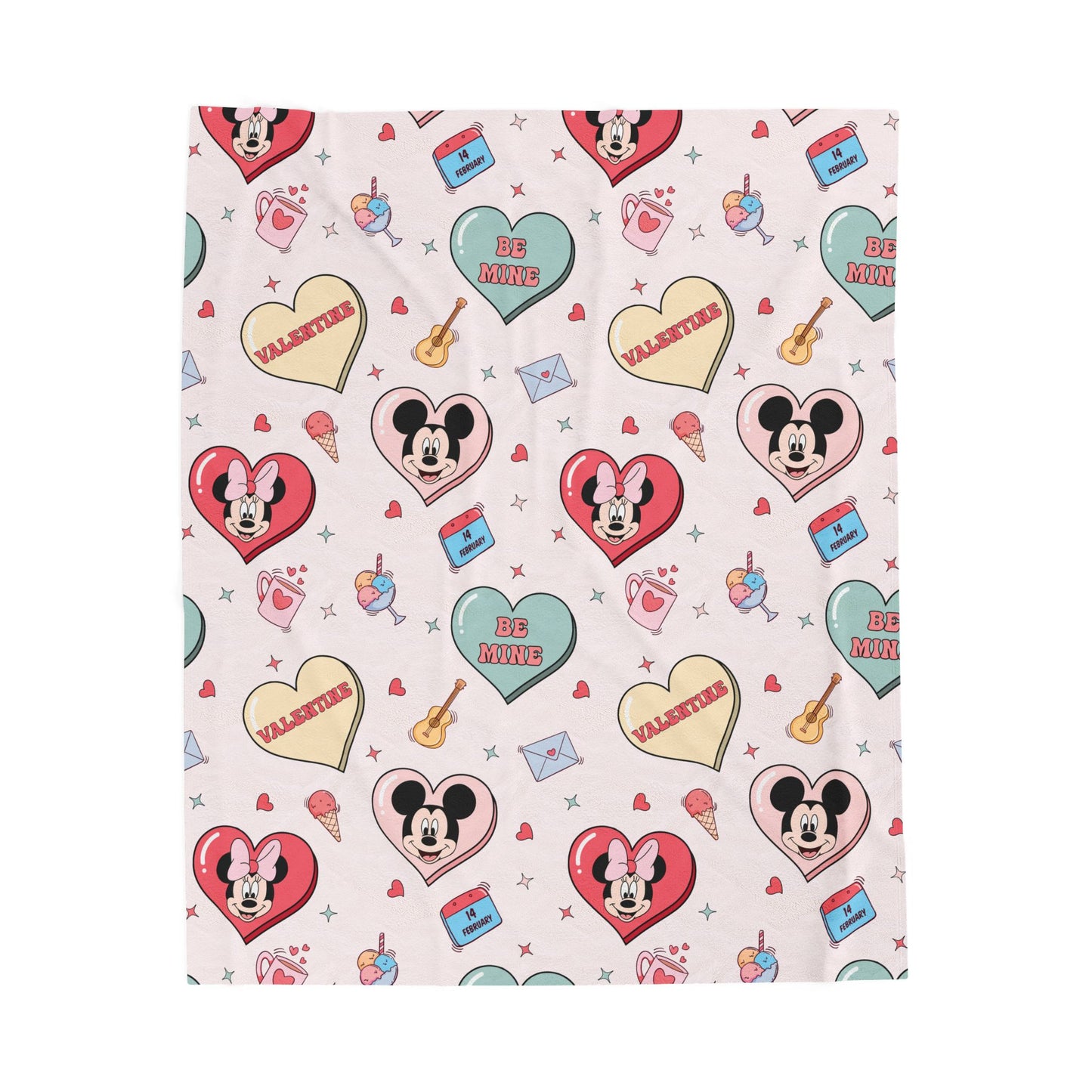 Mickey & Minnie Heart Pattern Velveteen Plush Blanket — Cute Retro Valentine Throw