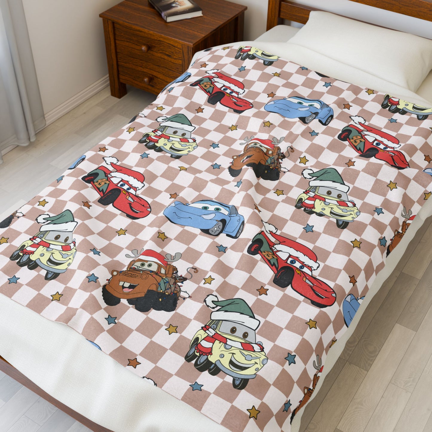 Kids Holiday Race Car Velveteen Plush Blanket — Cute Cartoon Cars on Checkerboard
