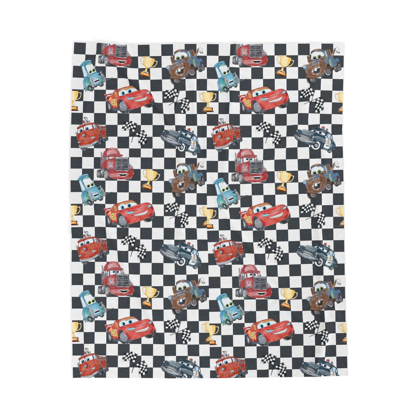Velveteen Plush Blanket - Kids Racing Cars Checkered Throw (Lightning McQueen Style)