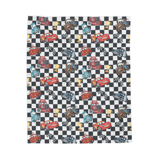 Velveteen Plush Blanket - Kids Racing Cars Checkered Throw (Lightning McQueen Style)